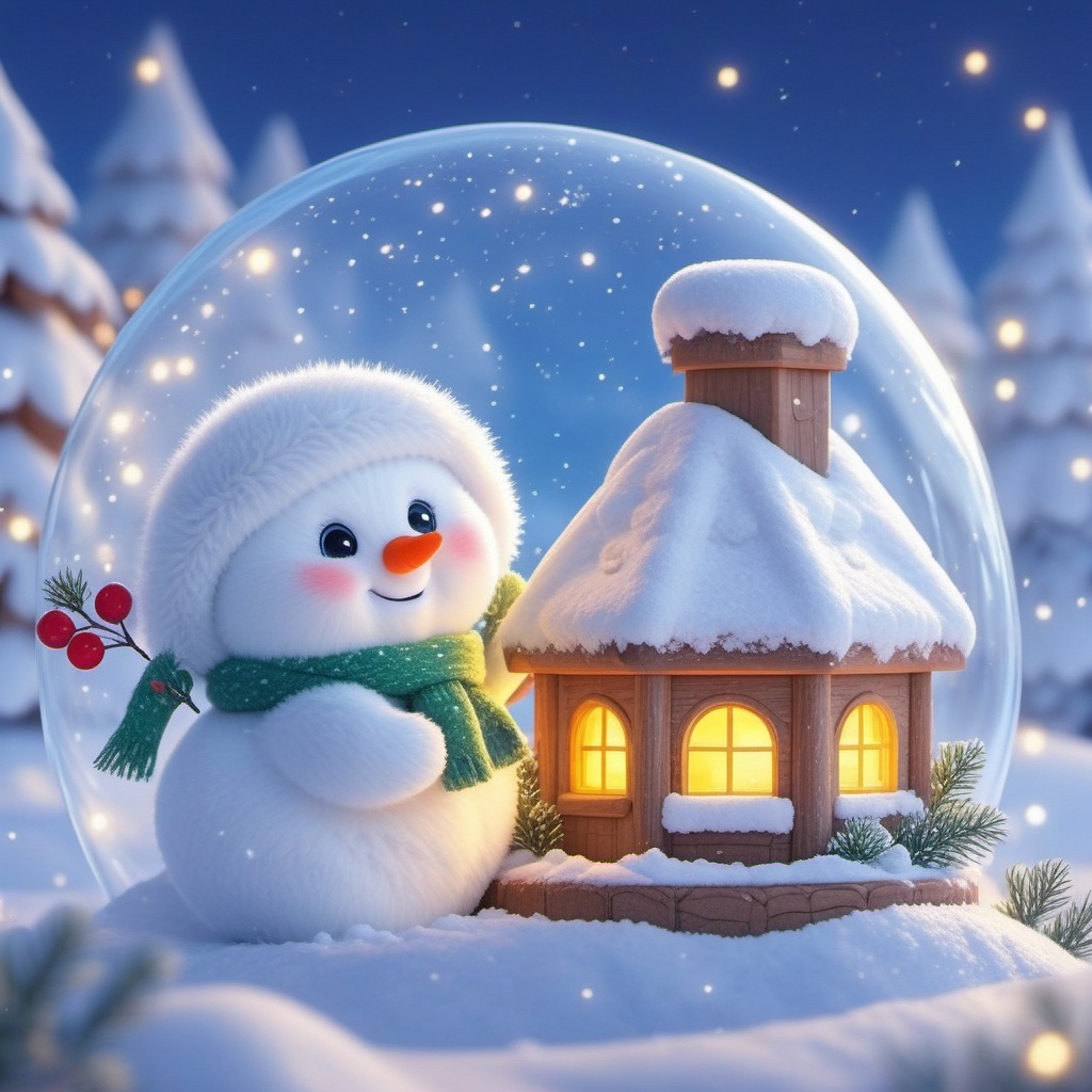 shengdan, A cute, chubby snowman with a fluffy white body, a bright orange carrot nose, and rosy cheeks stands in a snow-covered scene. It's rocking a green scarf and a matching hat. Next to it, a tiny wooden house with a glowing yellow window sits on the snow. The background is filled with snow-covered trees and a clear, starry night sky. Red berries hang around the snowman, adding a festive touch. The whole scene is merry and cozy, with a whimsical, cartoonish vibe.,<lora:shengdan_v1:0.8>