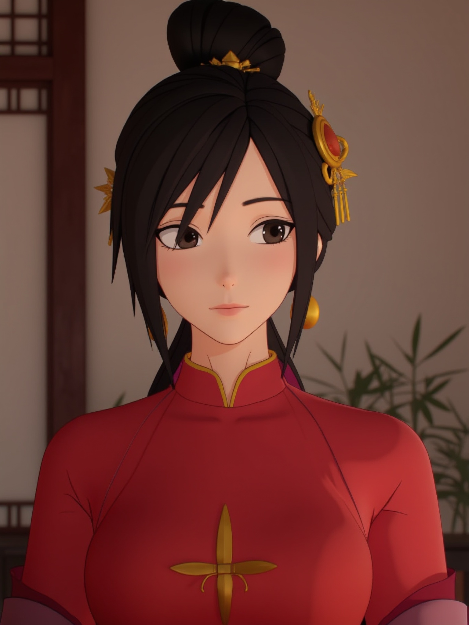 3D style,ancient chinese style,girl wearing red dress,black hair,black eyes,chinese clothes,indoor,