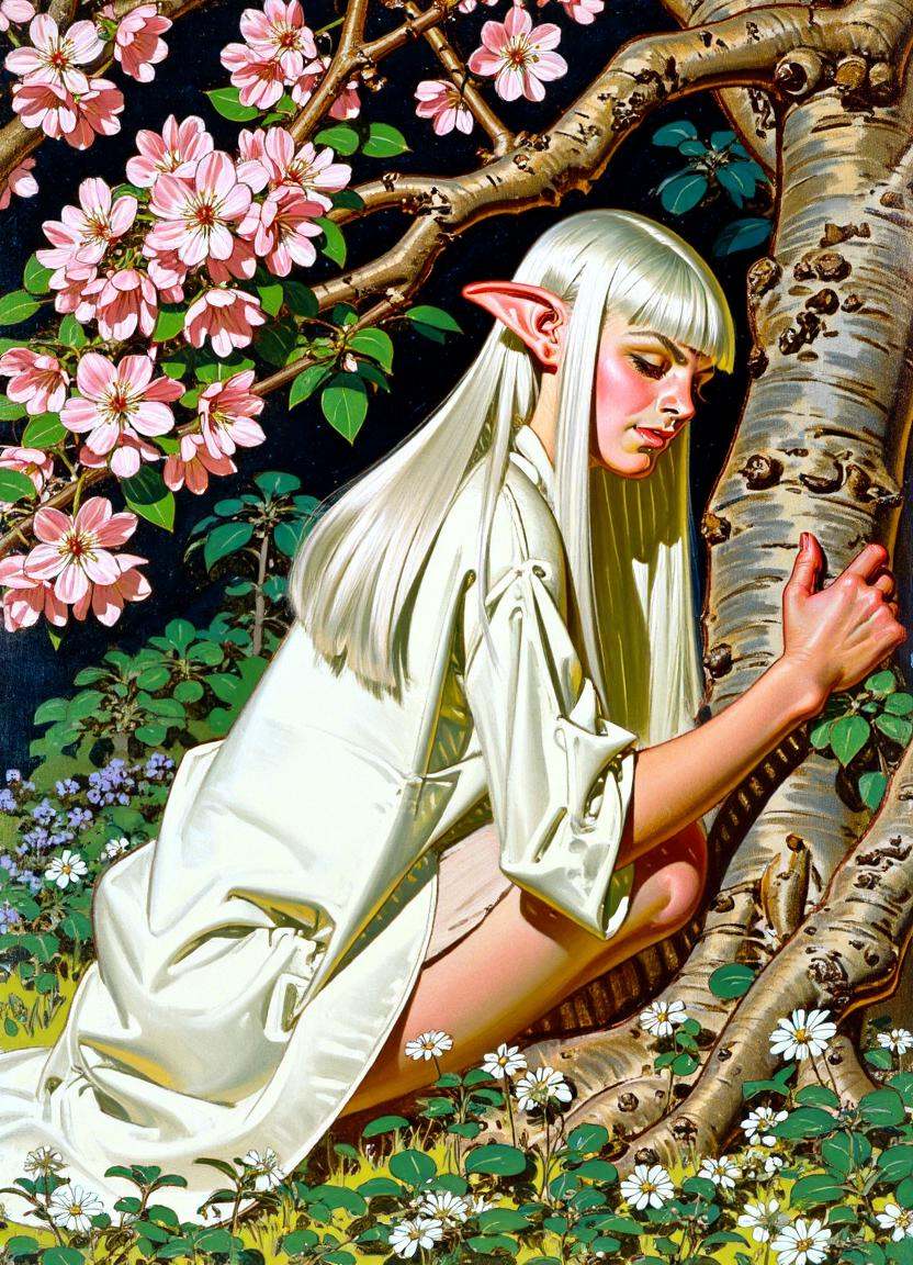 A cartoon illustration by j.c. leyendecker of a white haired elf woman with long,  pointy ears. She has straight-cut bangs...