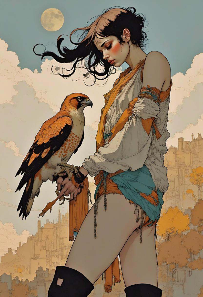 A digital illustration featuring a concept art of a beautiful woman with a falcon. on Tensor.Art
