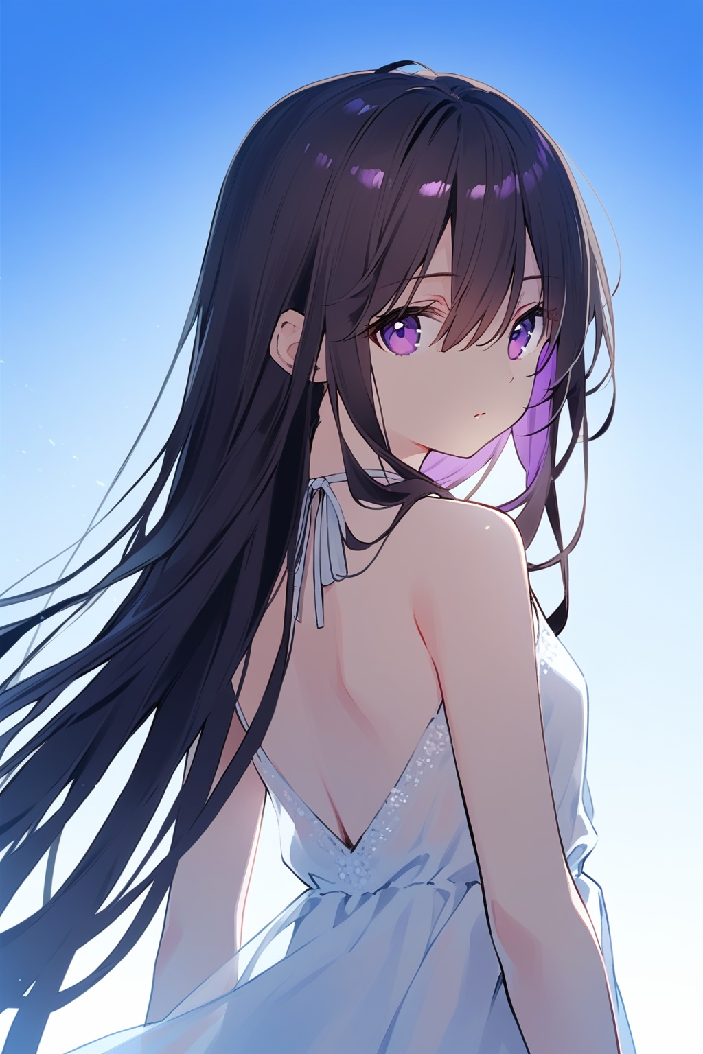 solo, 1girl, long_hair, looking_at_viewer, dress, black_hair, upper_body, sky, purple_eyes, hair_between_eyes, looking_back, from_behind, white_background
