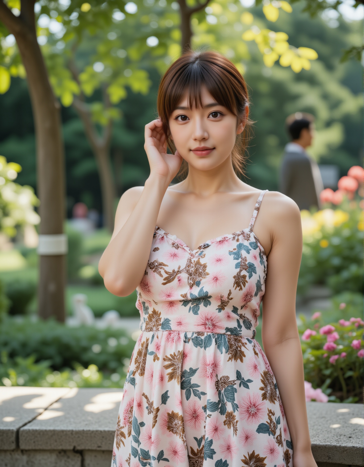 floral print sundress with thin spaghetti straps and a sweetheart neckline. She is standing in a garden with lush greenery...