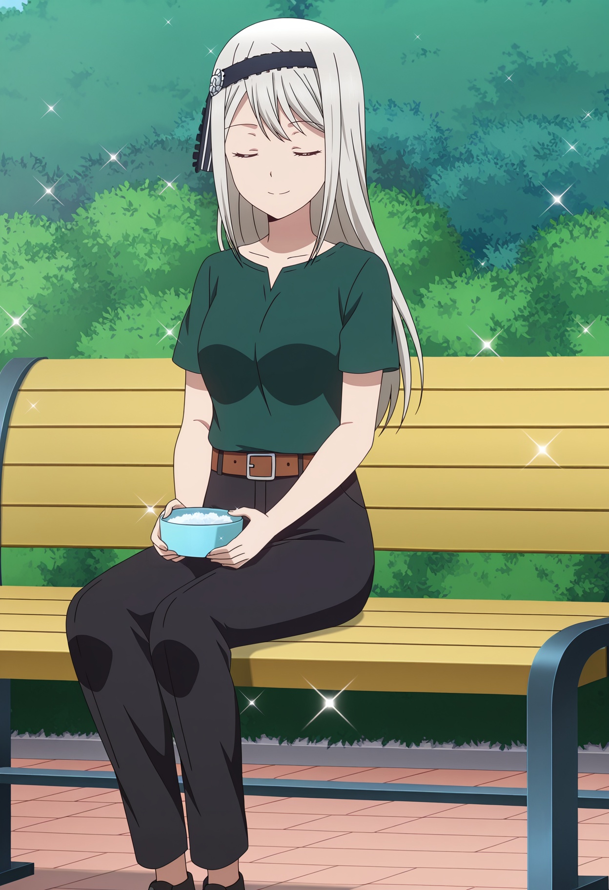 <lora:Shirogane Kei_illustrious-000010:1>,Shirogane Kei,solo,closed eyes,hairband,pants,shirt,bench,green shirt,black pants,belt,sparkle,short sleeves,smile,closed mouth,shoes,sitting,holding,bush,breasts,outdoors,sitting on bench,black hairband,anime screencap,
