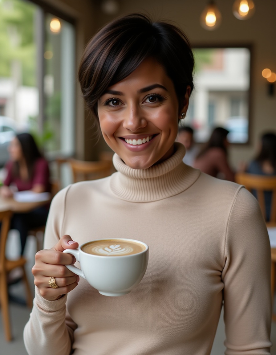 Realistic photo of a North African woman black short hair,  pixie cut,  wearing a turtleneck fitted sweater on Tensor.Art