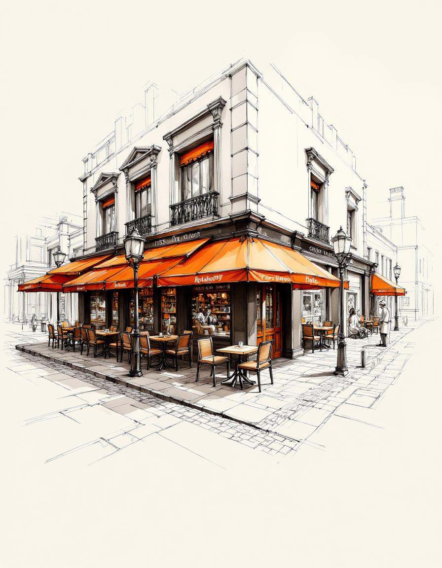 An interior design sketch of a cobblestone street scene with a restaurant with orange awnings and tables and chairs,  few...