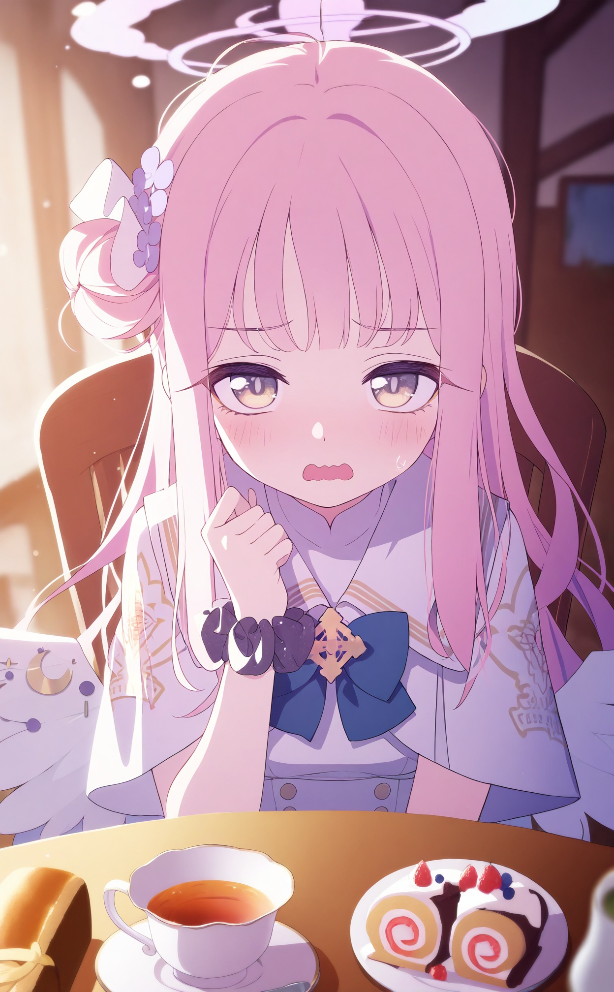 masterpiece,best quality,high quality,loli,1girl,mika \(blue archive\),halo,pink hair,solo,swiss roll,wings,hair bun,teacup,cup,food,yellow eyes,long hair,single side bun,white capelet,white wings,white dress,table,looking at viewer,capelet,dress,hair ornament,angel wings,flower,indoors,open mouth,hair flower,cake,feathered wings,chair,blurry,tea,bow,blue bow,blush,pink halo,scrunchie,wavy mouth,sidelocks,sitting,saucer,sweatdrop,plate,<lora:BA2——【Illustrious】hans:1>,