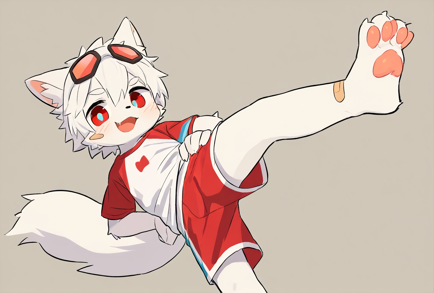 solo,male_child,shota.BREAK,[bandage on left foot],(red t-clothes),(shorts) BREAK (prefect_feets,prefect_hands,prefect_eyes:1.05),wide-angle,[looking at viewer],simple background,(hand on own hip),leg up,soles focus BREAK score_9,score_8_up,score_7_up,score_6_up,score_5_up,body fur,anthro,furry,