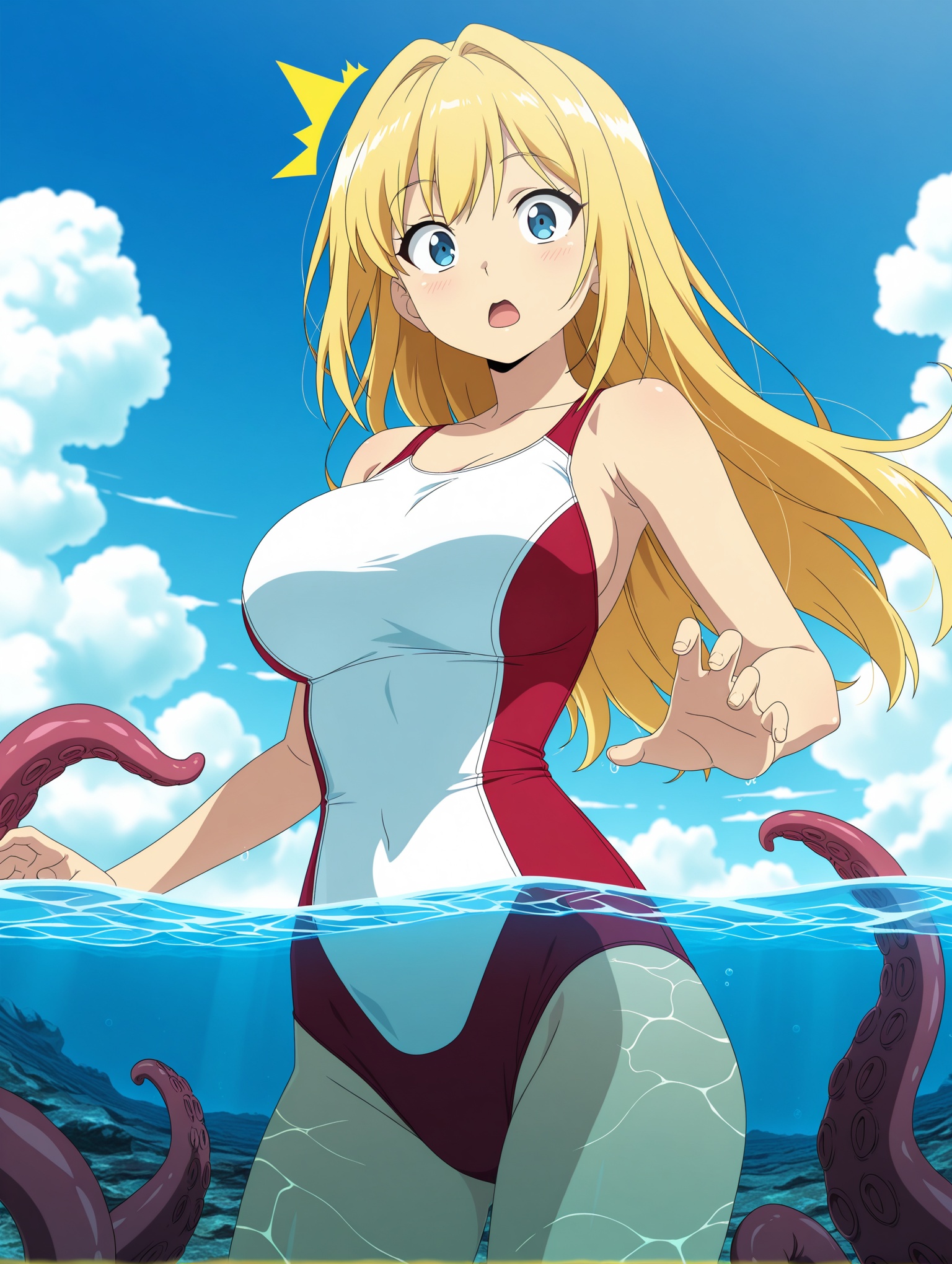 anime coloring, 2d, anime style, 1girl, partially underwater shot, partially submerged, red swimsuit, white swimsuit, one-piece swimsuit, looking at viewer, large breasts, blonde hair, looking at viewer, surprised, standing,tentacles under water,  cowboy shot, blue sky, clouds, wave, Flatline, ,masterpiece,best quality,amazing quality,