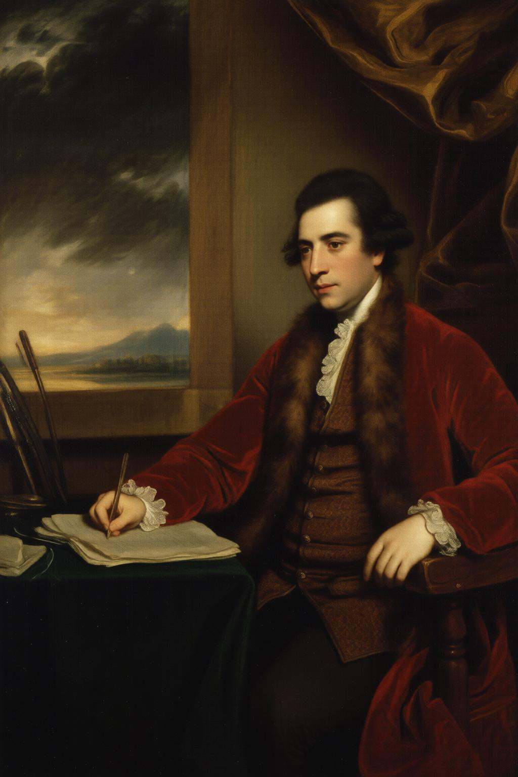 joshuareynolds2q painting.A man in an 18th-century style. He has wavy,  dark hair and a contemplative expression,  seated...