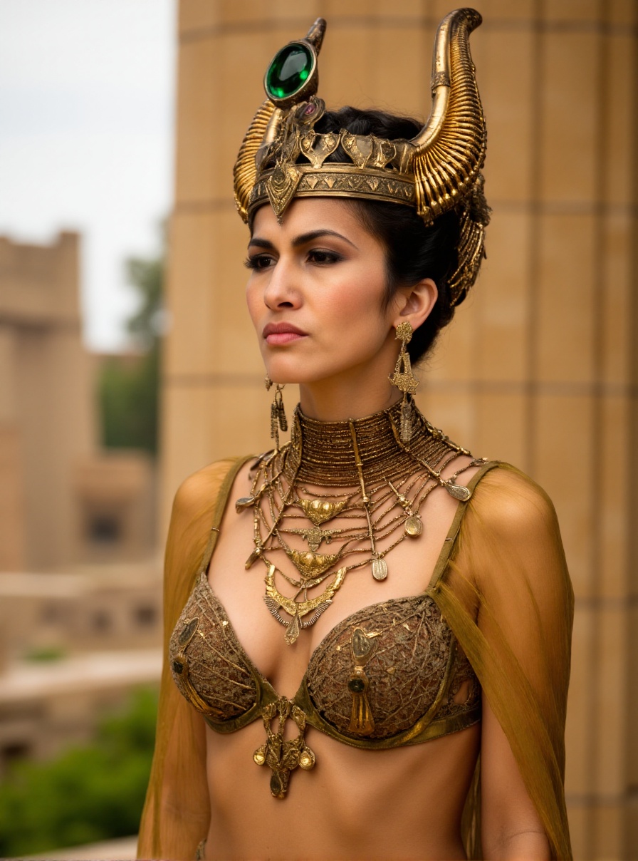 This is a high-resolution photograph of a woman with a dark complexion,  dressed in elaborate ancient Egyptian attire. She...
