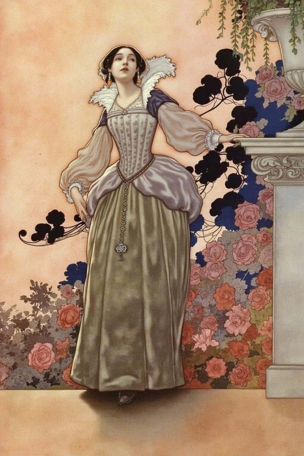 charob1 illustration.A woman standing in a garden. The woman is dressed in a Renaissance-style gown with a fitted bodice a...