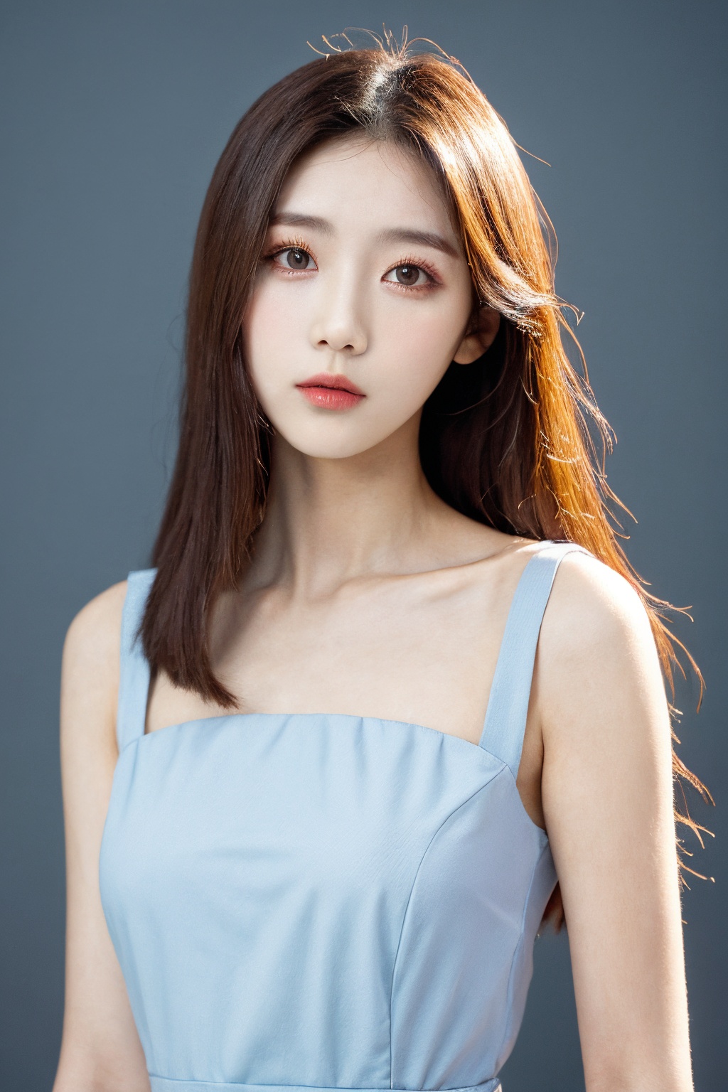 girl, upper body, looking at viewer, dress, simple background, <lora:AgainChangeFaceLora:0>