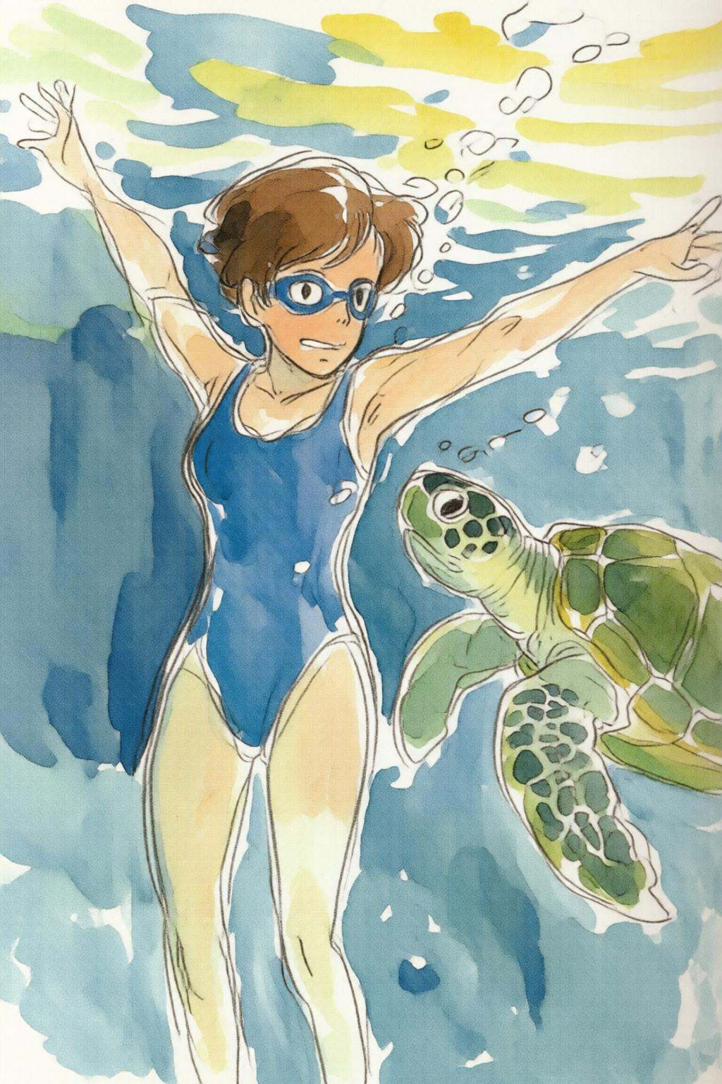 hayaomiyazaki3q illustration.A woman swimming underwater. The woman is wearing a blue one piece swimsuit,  and she is wear...