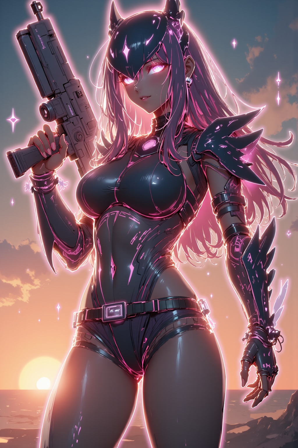 This image is a digital illustration in a futuristic,sci-fi style. It depicts a female character with a sleek,robotic appearance,standing in a dramatic,sunset-lit sky. She has a dark,metallic exoskeleton with intricate,angular design elements. Her helmet,resembling a bat-**** headpiece,is predominantly black with glowing,fiery orange eyes that add a striking contrast. Long,flowing hair cascades down her back,blending into the dark armor.,Her right arm is raised,holding a futuristic weapon with a sleek,black design. The weapon is equipped with various sensors and attachments,suggesting advanced technology. Her chest area is adorned with a high-tech,form-fitting breastplate,emphasizing her feminine curves. The armor is detailed with various panels,rivets,and mechanical joints,indicating a high level of functionality and protection.,The background is a gradient of warm hues,transitioning from a fiery orange at the horizon to a cooler,pale blue sky,suggesting either a sunrise or sunset. Sparks and glowing particles float around her,enhancing the sense of motion and energy. The overall composition conveys a sense of power,readiness,and otherworldly beauty.,