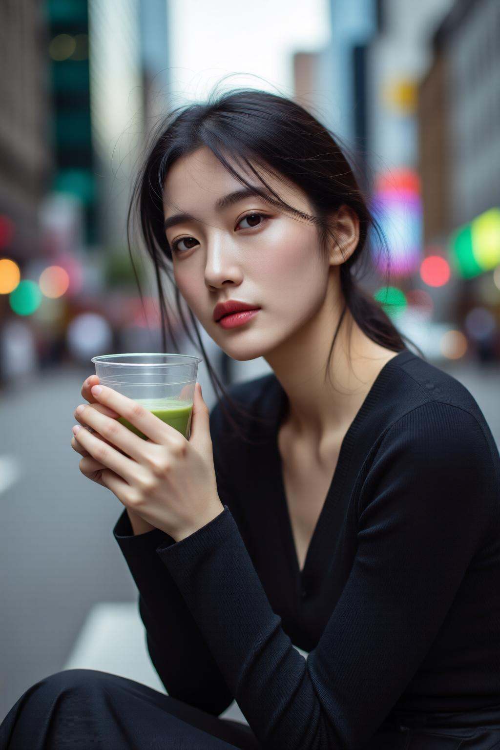 midjourneymix10q photograph.Chinese woman is sitting outdoors,  holding a transparent cup filled with green matcha. She is...