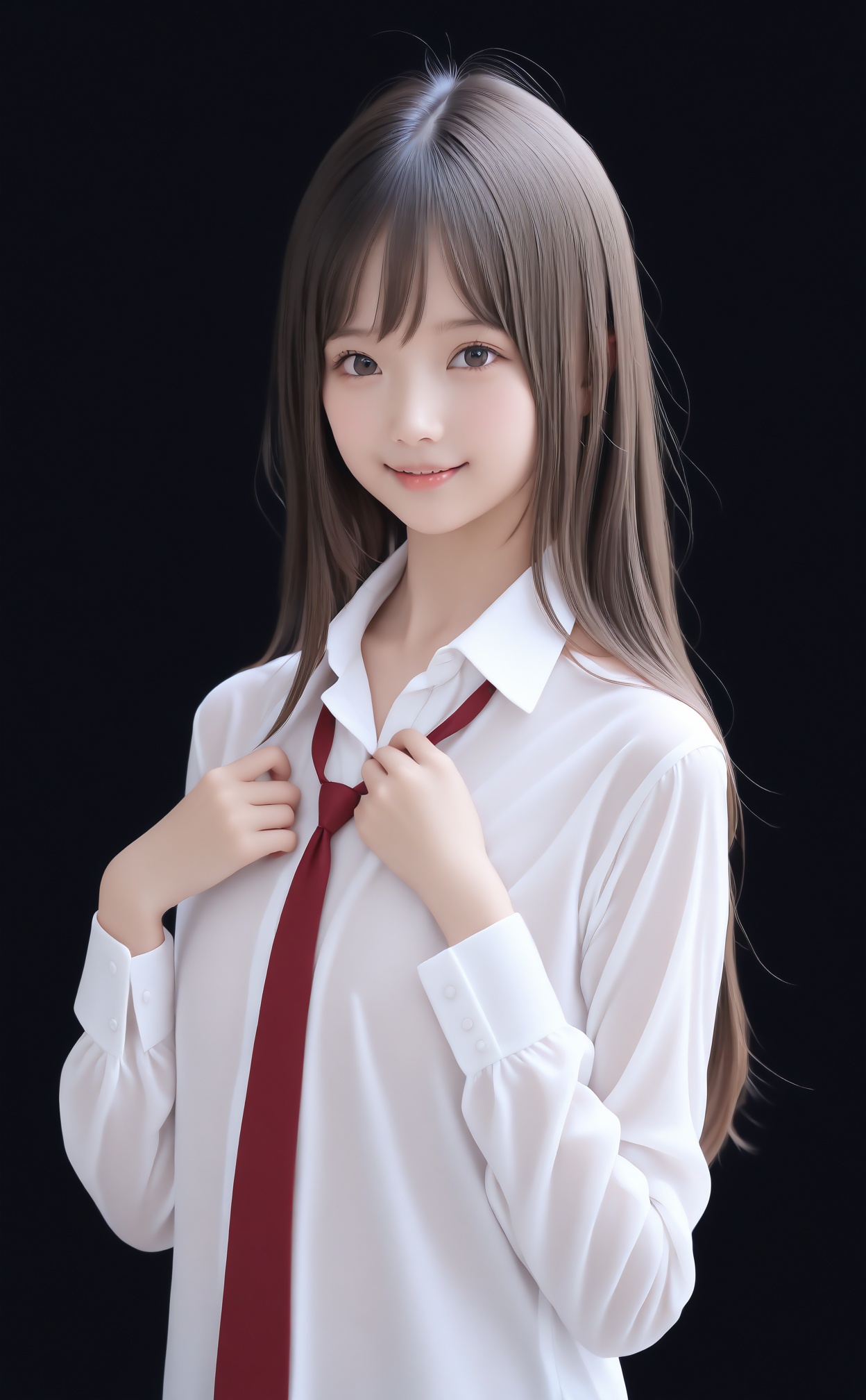 masterpiece,best quality,high quality,realistic,1girl,red necktie,Long sleeve shirt,White shirt,looking at viewer,long hair,Unfasten the collar,Expose shoulders,white shirt,black background,simple background,smile,