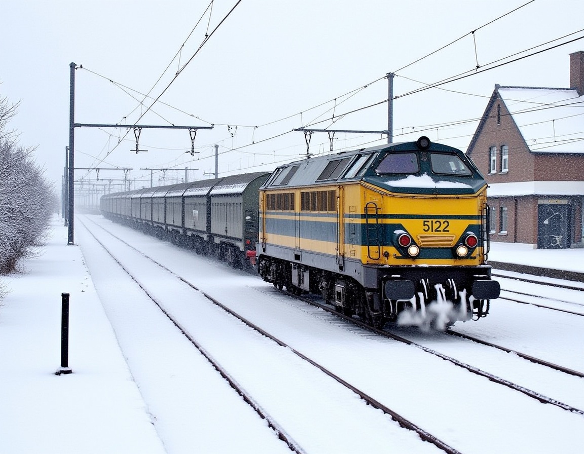 A diesel train,  yellow and gray,  traverses a snowy railway platform. The train's locomotive on Tensor.Art