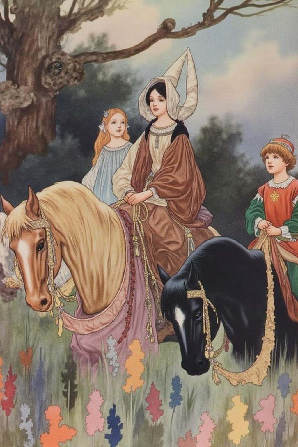 charob1 illustration.A fantastical scene from a medieval fairy tale setting. The artwork features three figures: a woman,...