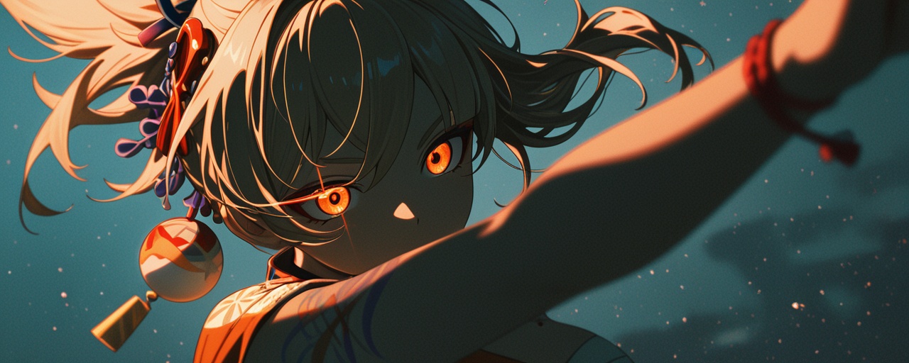 masterpiece, best quality, amazing quality, very aesthetic, absurdres, highres, newest, HDR, 8K, high detail, smooth shading, glossy surfaces, high contrast, depth color, dak depth, depth, colorful lighting, dark field, clear, vivid deep blacks,1girl, yoimiya \(genshin impact\), orange eyes, blonde hair, fox ears, upper body, (eye trail), dutch angle, dynamic pose, battle night, chromatic aberration, cinematic composition, blurry foreground, blurry background,