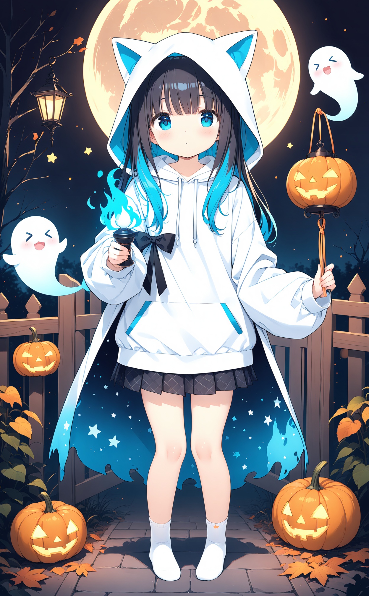 masterpiece,best quality,high quality,(colorful),loli,1girl,hood,lantern,blue fire,skirt,holding,holding lantern,jack-o'-lantern,blue eyes,black skirt,solo,fire,hoodie,white hoodie,pleated skirt,black hair,looking at viewer,pumpkin,candle,moon,hood up,long sleeves,full body,multicolored hair,halloween,two-sided fabric,blue hair,closed mouth,white socks,ghost,socks,glowing,colored inner hair,animal hood,sidelocks,crescent,hitodama,halftone,full moon,barefoot,blunt bangs,puffy long sleeves,expressionless,miniskirt,long hair,star (symbol),