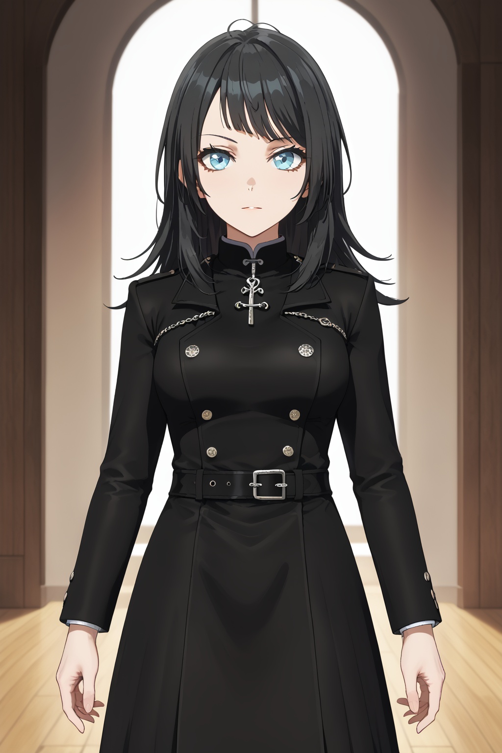 umirin, 1girl, solo, long hair, black hair, bangs, blue eyes<lora:umirin-pony:0.8>