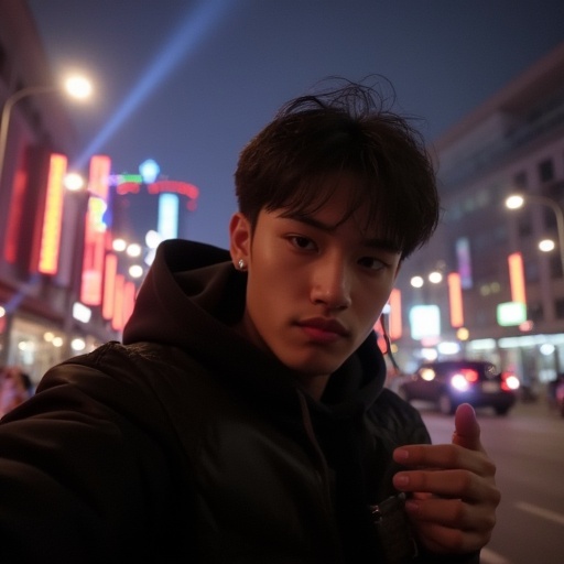 Asian thug boy,  about 18 years old taking a selfie under chengdu city lights at night,  holding a smoking cigarette on Te...