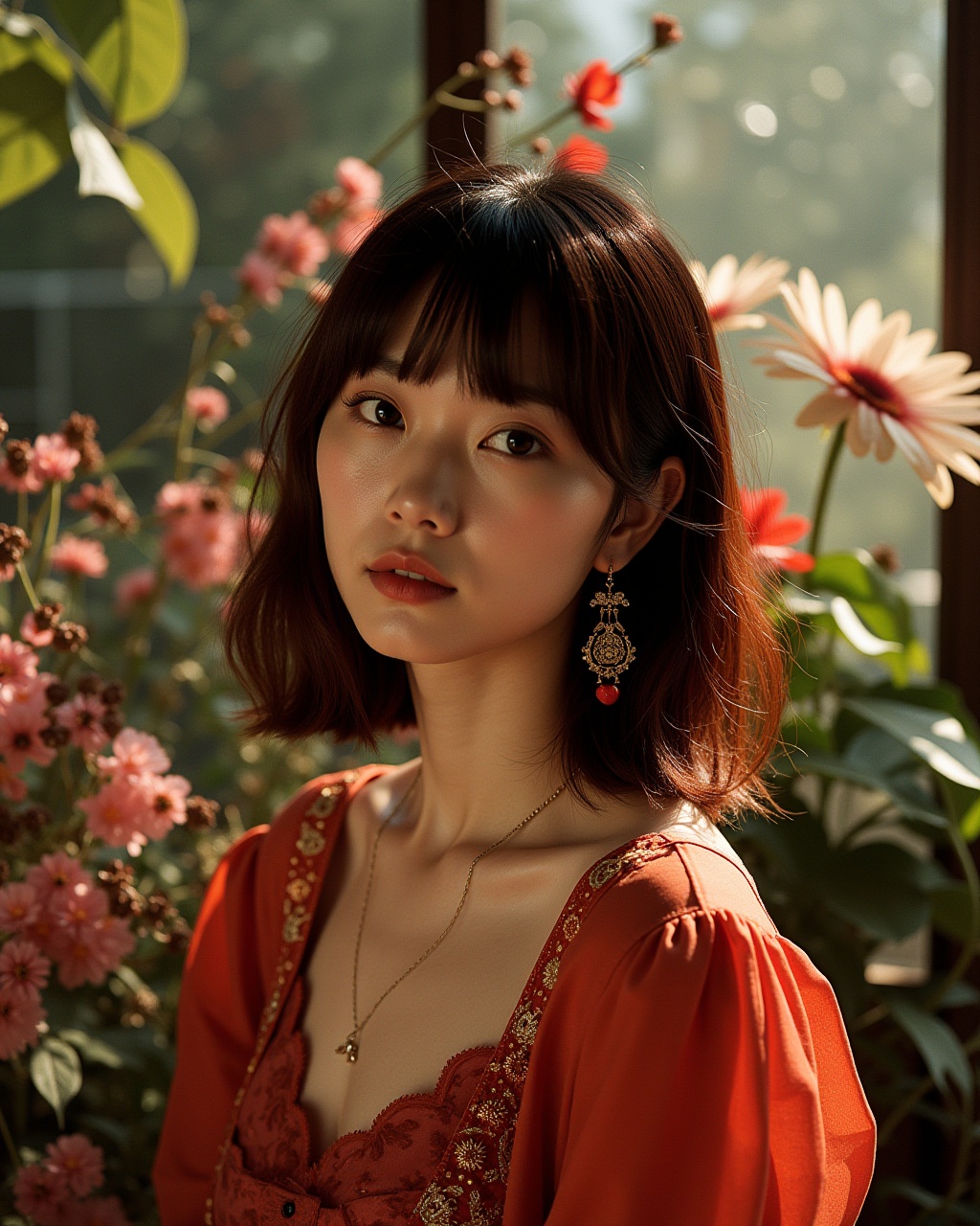 A asian woman with shoulder-length maroon hair and stylish bangs. The intricate details of her outfit and the mesmerizing...