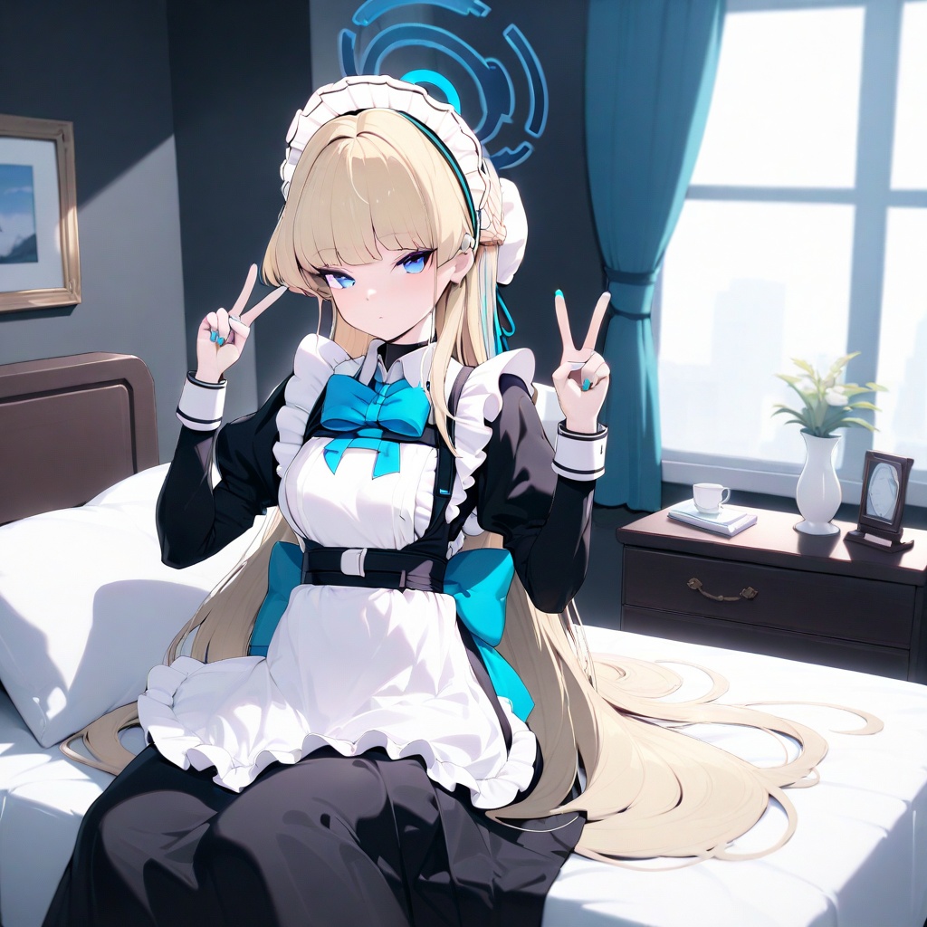 masterpiece, best quality, very aesthetic, ultra detailed,1girl, solo, <lora:tokiANILION-000016:0.8>, LMtoki, toki, long hair, halo, blonde hair, long hair, maid, long dress, black dress,long sleeves, blue eyes, puffy sleeves, maid apron, blue bowtie, blue waist bow, blue nails,looking at viewer,indoors, bedroom, sunlight, nightstand, sitting_at the window, double v,