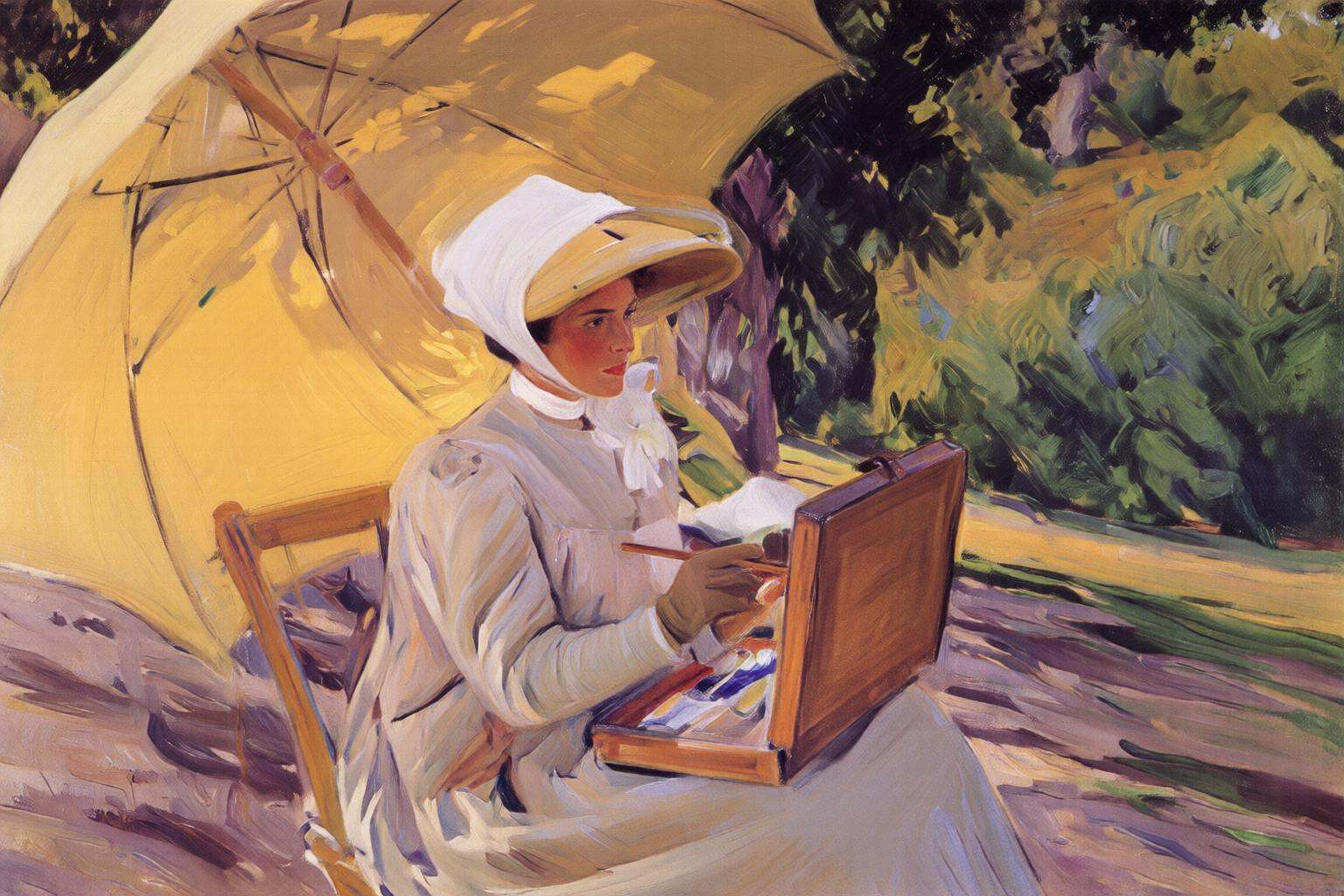 joaquinsorolla3q painting.A woman,  shown in 3/4 profile,  is seated outdoors on Tensor.Art