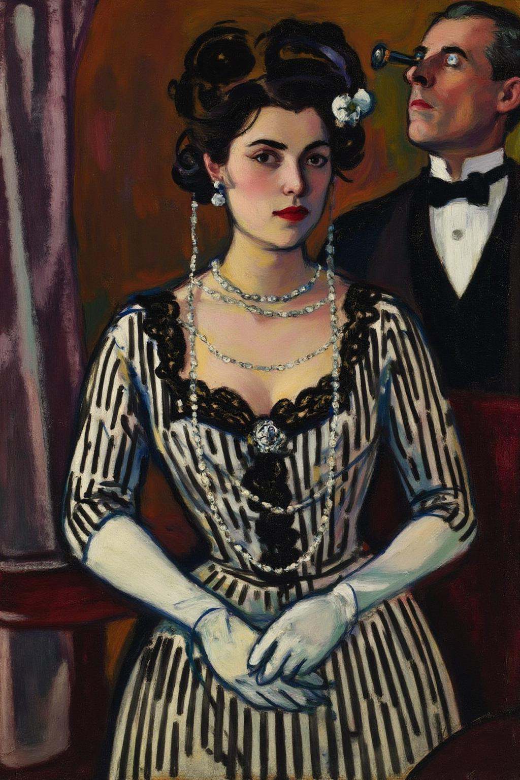 henrylymansayen1 painting.pierreaugusterenoir1. A couple at the Opera house. A woman dressed in a black and white striped...