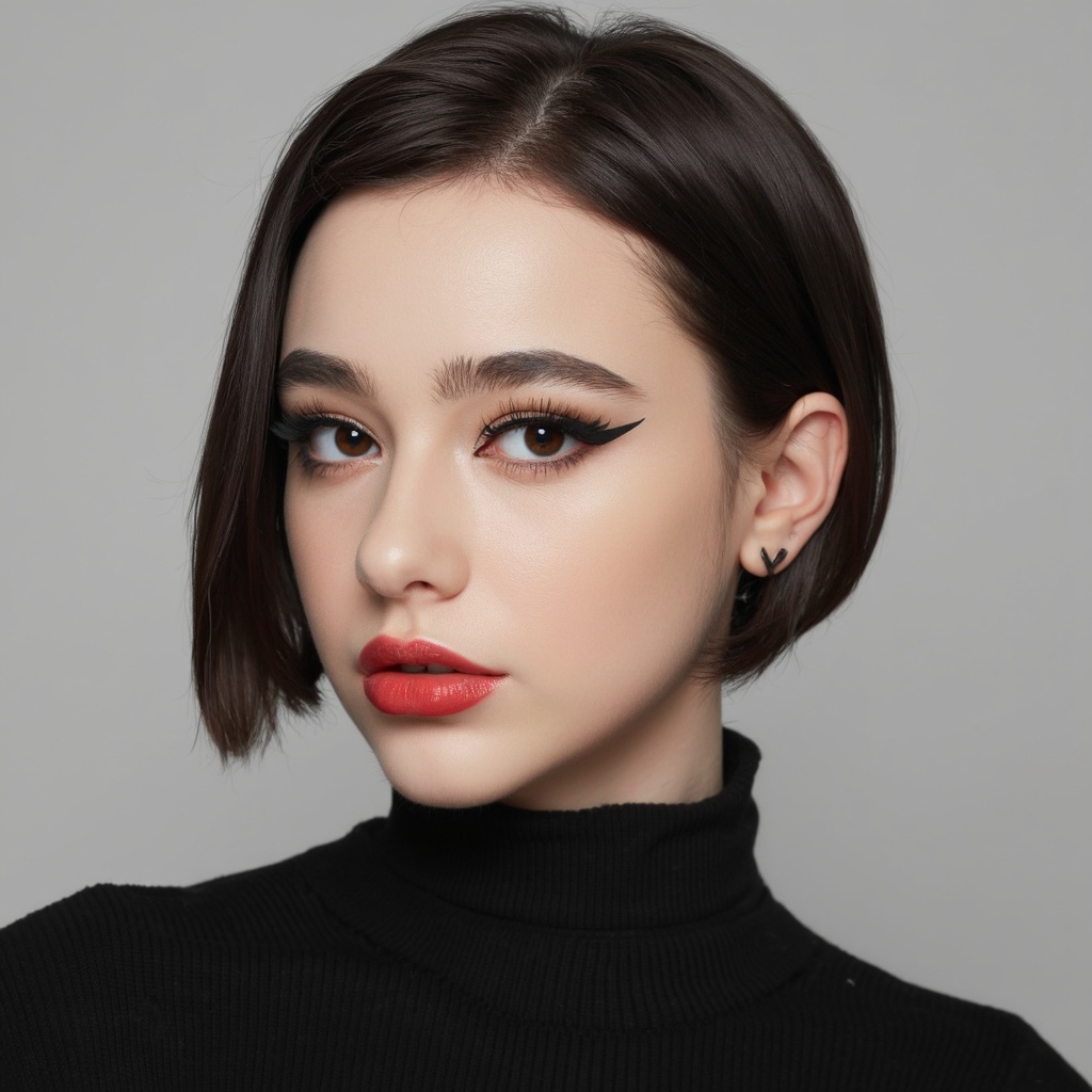 A close-up portrait of dasha_taran with a striking appearance. She has a short,  black bob hairstyle that frames her face....