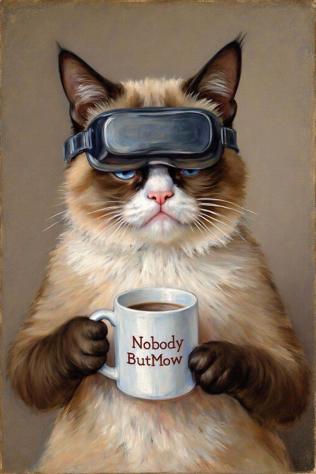 marycassatt1 painting.Grumpy Cat holding a coffee mug,  wearing a VR Headset. The mug has the phrase "NobodyButMeow" print...