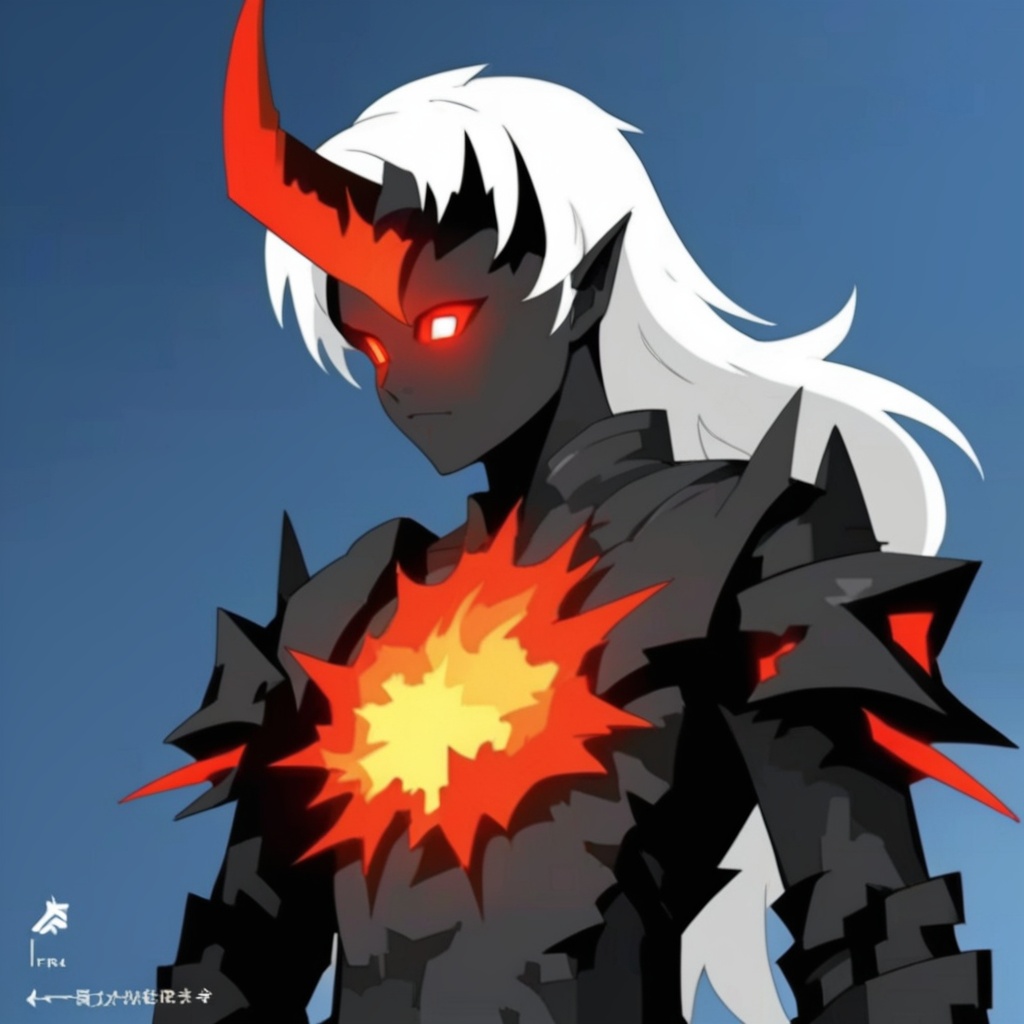 FF,(masterpiece:1.2),best quality,highres,extremely detailed CG,perfect lighting,8k wallpaper,anime,comic,game CG,solo,horns,long hair,white hair,colored skin,red eyes,glowing,blue skin,pointy ears,floating hair,1boy,armor,male focus,fire,signature,glowing eyes,artist name,gloves,blue theme,black gloves,1girl,closed mouth,torn clothes,<lora:数字头像222sdxl-000014:1>