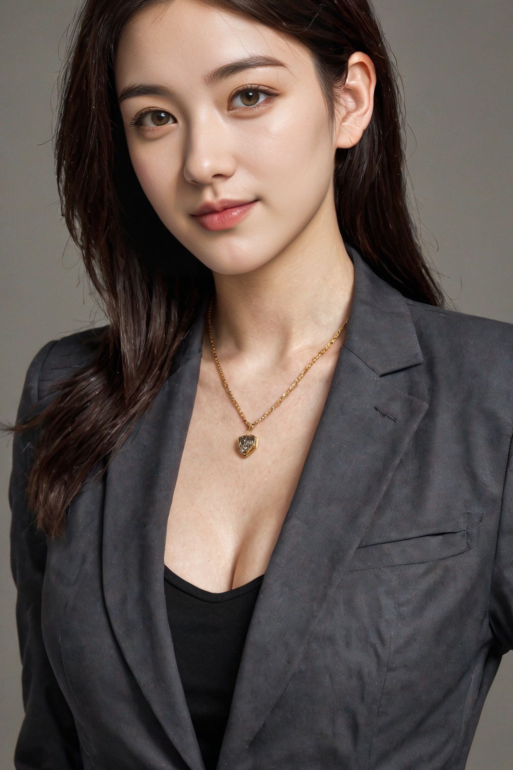 1girl, solo, realistic, photorealistic, jewelry, realistic, (large breasts:1.2), necklace, (smirk:0.3), long hair, looking at viewer, brown eyes, jacket, simple background, grey background, upper body, formal, suit, black hair, brown hair, shirt, jacket, collarbone, long sleeves