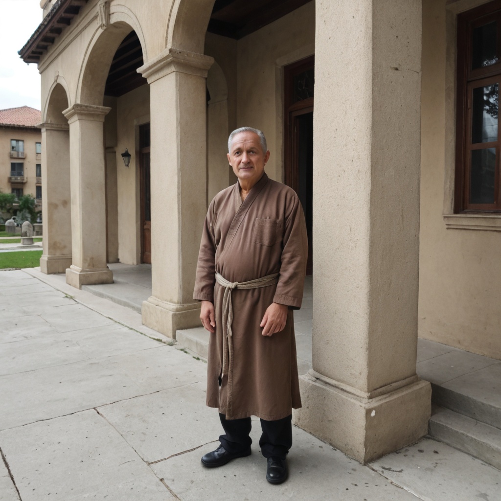 Old monk,  standing in front of the building,  full body photo on Tensor.Art