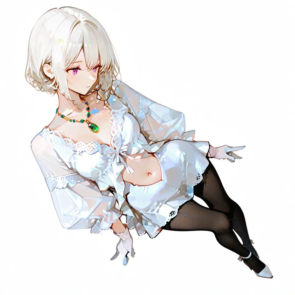 Black pantyhose,  white high heels,  white one-piece deep V-neck short dress on Tensor.Art