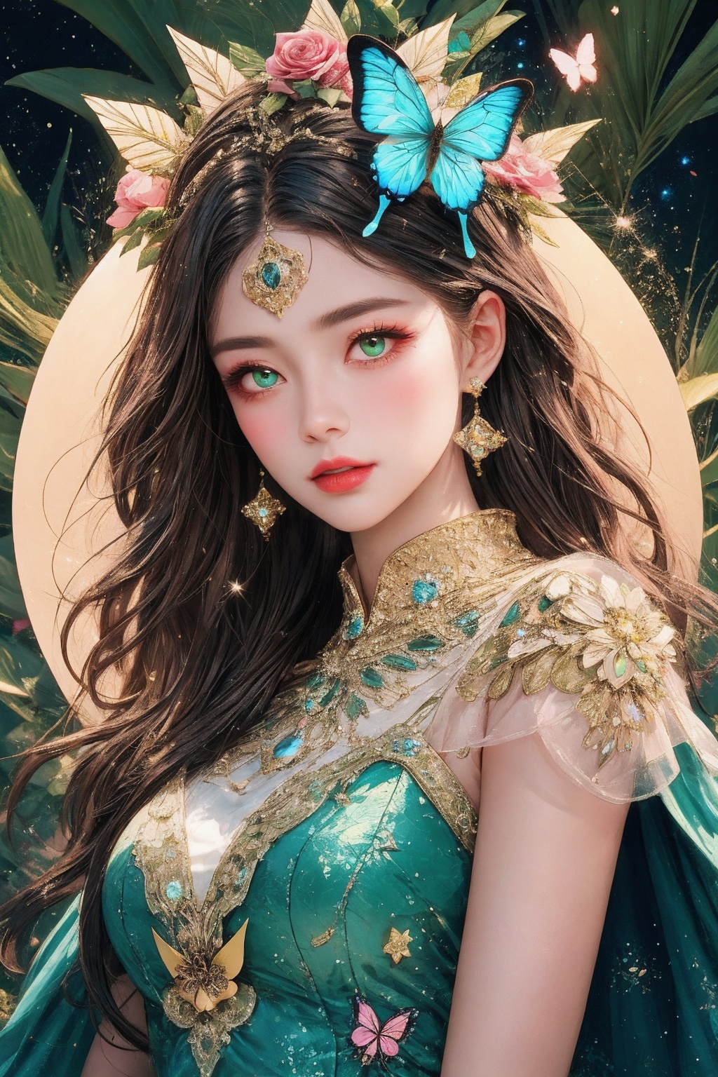 masterpiece,Solo,Klein blue style,Extremely delicate,roses and crystal flowers on her head,eyes with gemstones in them,delicate makeup,and pink lips,surrounded by green plants and golden glittering stars,Butterfly,super detail,best quality,8k,textured skin,