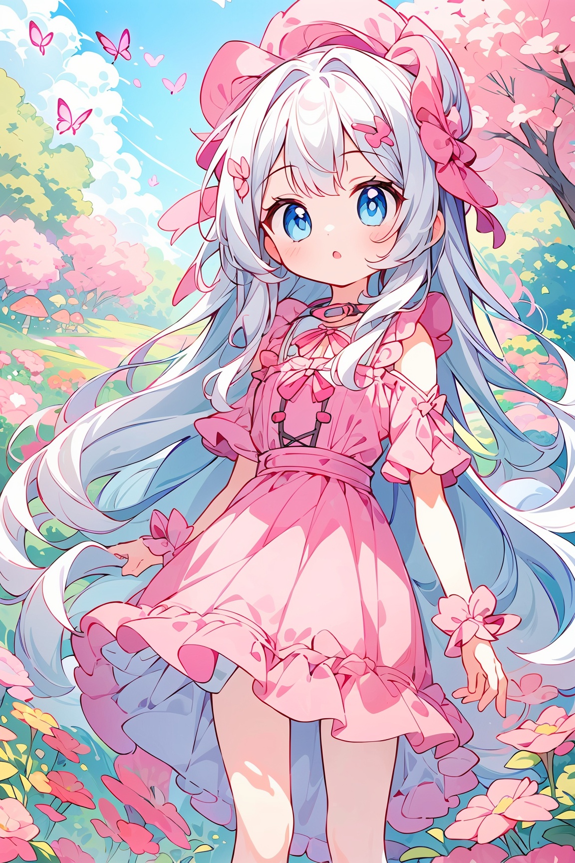 The image is an illustration of a young girl with long white hair and blue eyes. She is wearing a pink dress with a large...