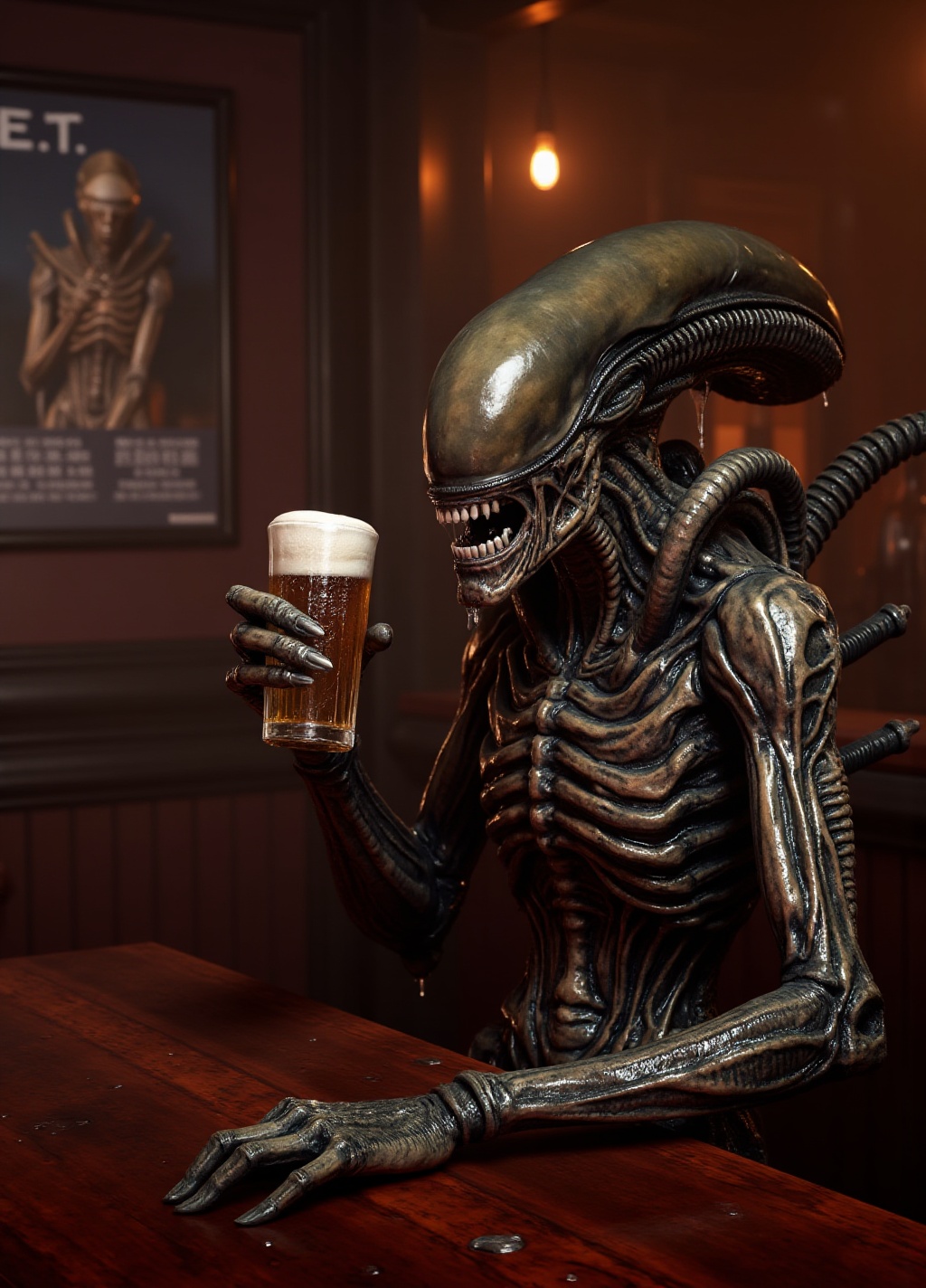an alien xenomorph having a beer in a pub. his face is dripping wet. E.T poster in the background on Tensor.Art