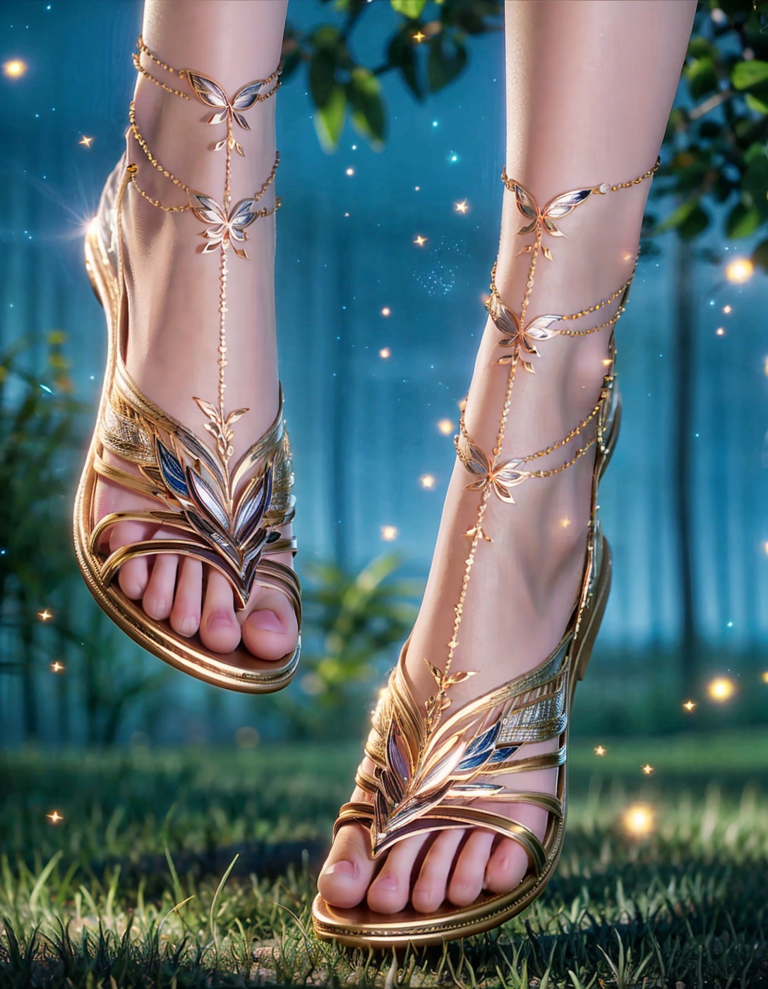 legs,feet,toes,toenails,sandals,jewelry,anklet,foot focus,close-up,outdoors,on grass,(night),glowing particles,sparkle,fireflies,shiny,(foot focus),(close-up),blurry,Highly detailed,(ultra-detailed),(best quality,masterpiece:1.5),<lora:20240928-1727465731121:0.7>,<lora:细节调整:1>,