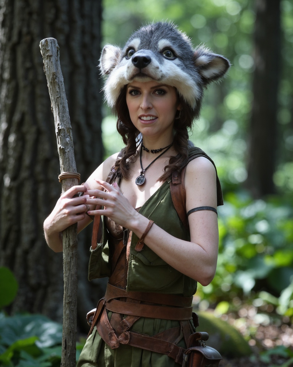 The photograph captures anna_kendrick standing in a forested area,  surrounded by tall trees with green foliage. She is dr...