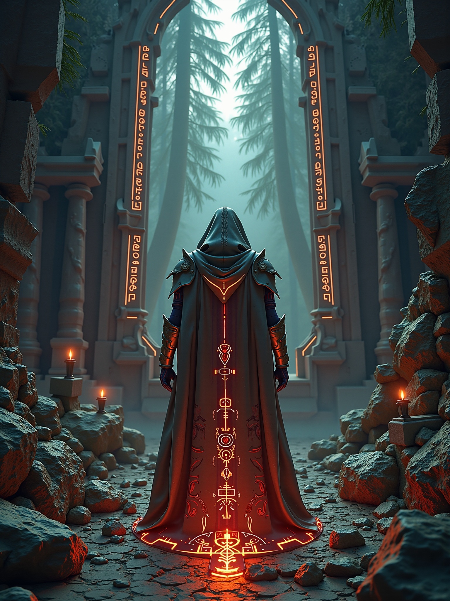Standing at the threshold of an ancient,  forgotten portal that hums with energy,  a seasoned traveler prepares to cross d...