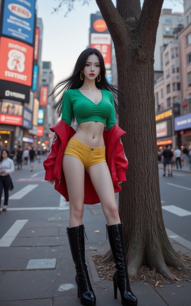 <lora:女帝2（写实风）:0.8>nvdi,1girl,black hair,long hair,blue eyes,big breasts,snow white skin,earrings,legs,long legs,light pink lipstick,light red eye shadow,close-up,high_heels,black footwear,shirt,yellow shirt：red shirt：blue shirt：black shirt：green shirt：white shirt,crop_top,midriff,shorts,navel,boots,high_heel_boots,over-the-knee boots,jacket,outdoor,city,billboard,tree,shabby,leather pants,realistic,