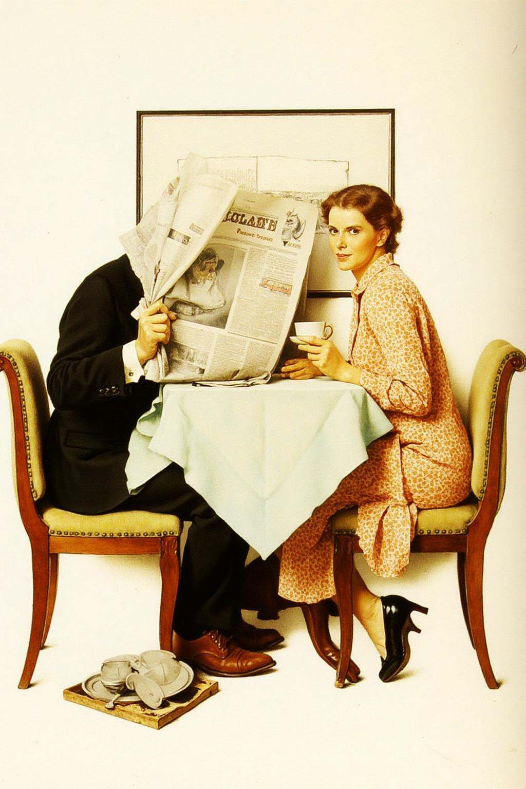 normanrockwell1 painting. A man and a woman are seated at a small dining table . The man,  dressed in a dark suit and whit...