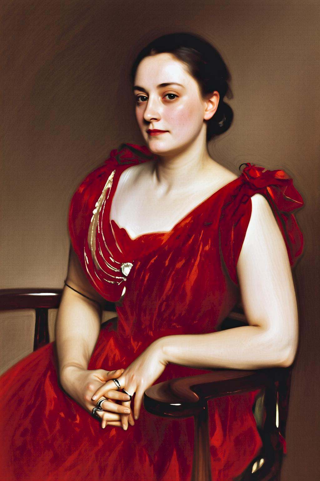 johnsingersargent6q painting.Closeup portrait of a pale woman in a red gown with intricate detailing is seated on a dark w...