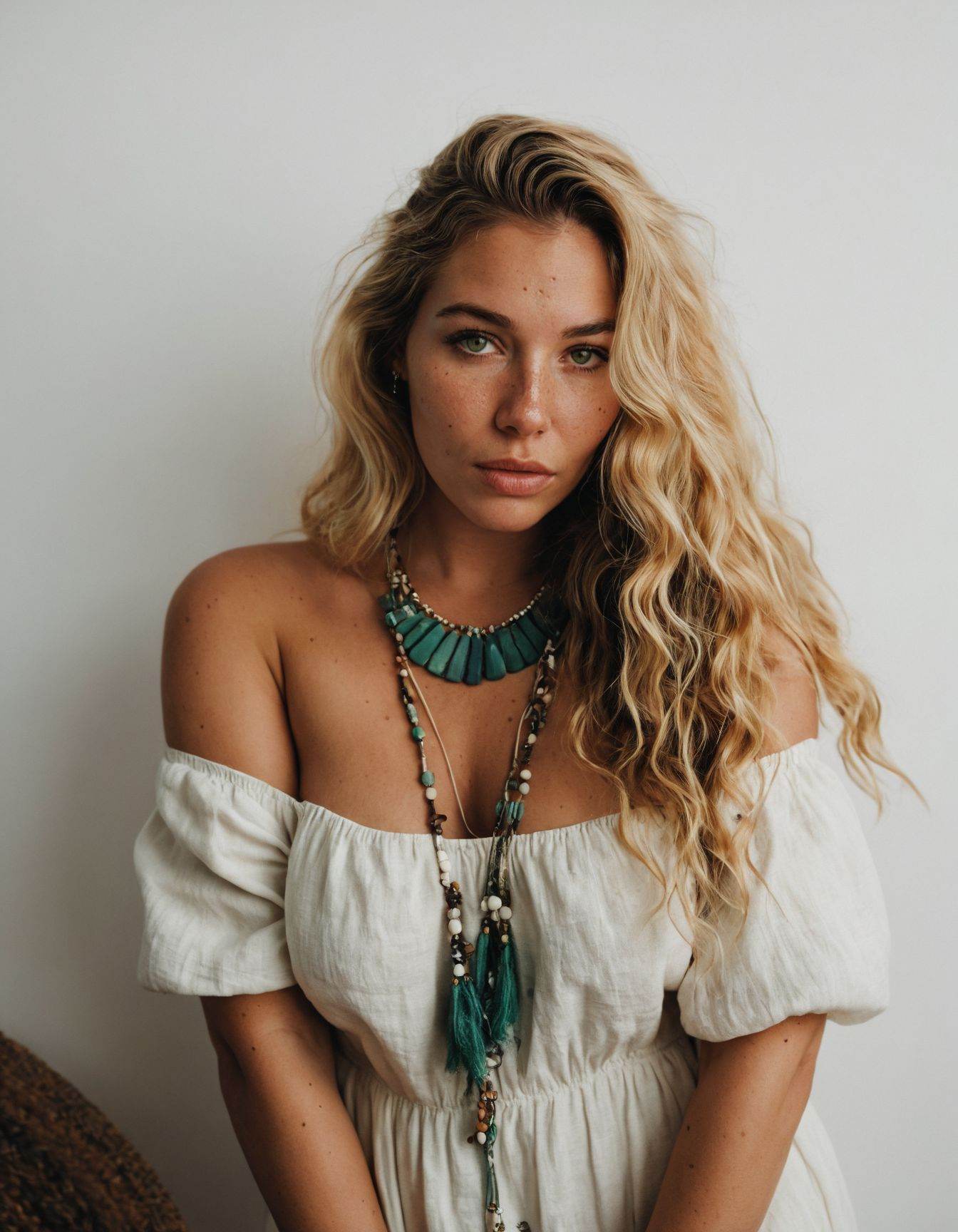a captivating portrait of a voluptuous boho woman with green eyes and long,  wavy blonde hair,  she is standing. She hasaf...