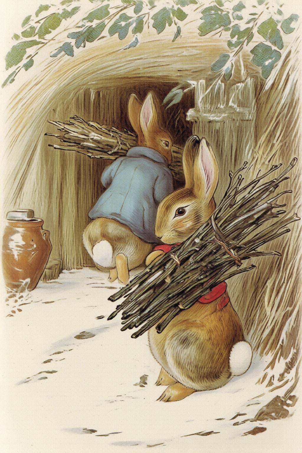 beatrixpotter2q illustration.In the foreground on the right is an anthropomorphic rabbit,  shown in side profile,  wearing...