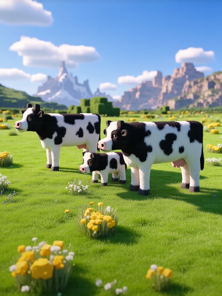 A cubic cow family grazing in pixel-textured pasture,  distinct black and white block patterns,  rectangular bells around...