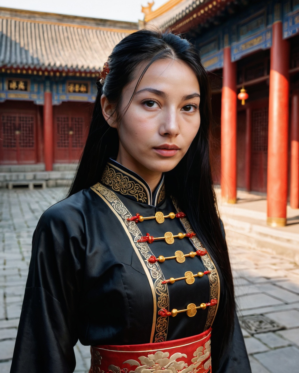 Candid photography of a 20 year old Sichuan woman standing in a traditional Chinese courtyard at golden hour. She has natu...