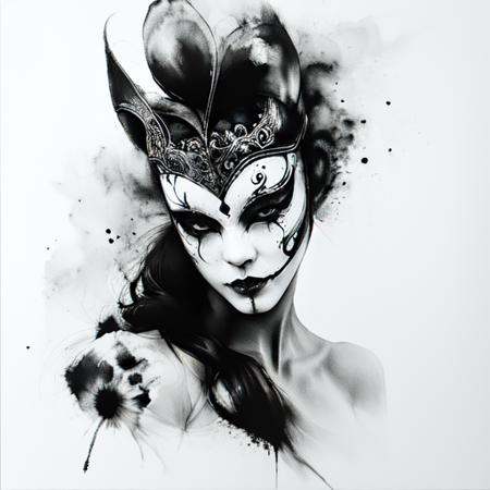 ArsMJStyle,  Zen Ink Wash Sumi-e,  A black and white drawing of a woman wearing a mask. on Tensor.Art